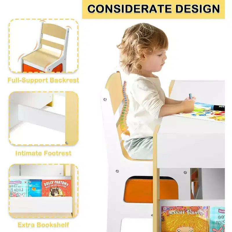 Tavolo e 2 Sedie per Bambini con Contenitore, Piano Rimovibile e Lavagna, per Arte, Lavoretti, Lettura