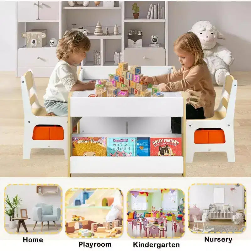 Tavolo e 2 Sedie per Bambini con Contenitore, Piano Rimovibile e Lavagna, per Arte, Lavoretti, Lettura