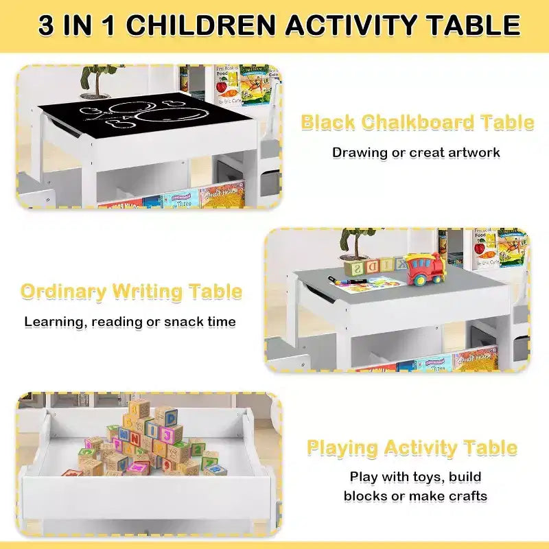 Tavolo e 2 Sedie per Bambini con Contenitore, Piano Rimovibile e Lavagna, per Arte, Lavoretti, Lettura