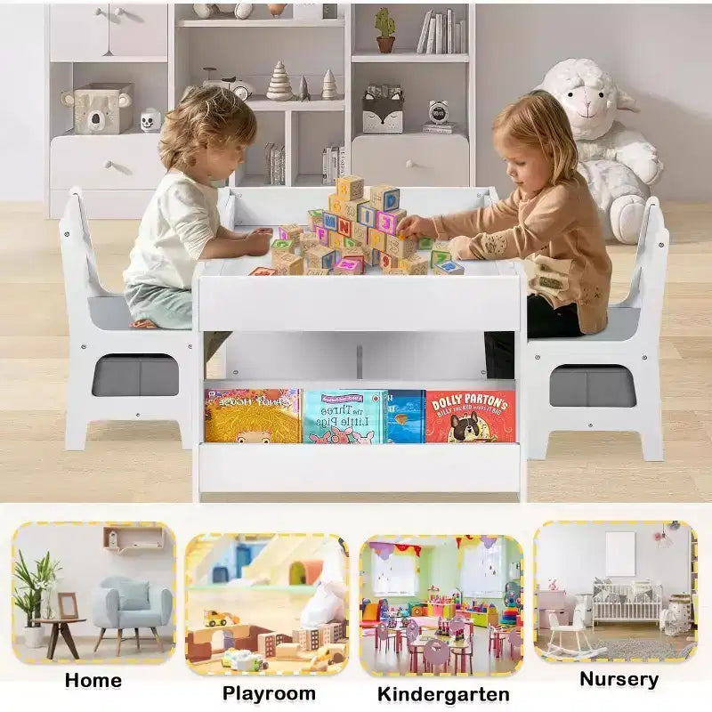 Tavolo e 2 Sedie per Bambini con Contenitore, Piano Rimovibile e Lavagna, per Arte, Lavoretti, Lettura