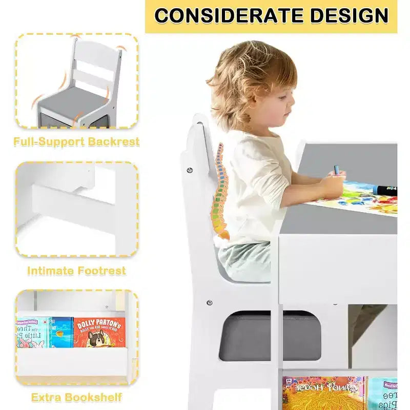Tavolo e 2 Sedie per Bambini con Contenitore, Piano Rimovibile e Lavagna, per Arte, Lavoretti, Lettura
