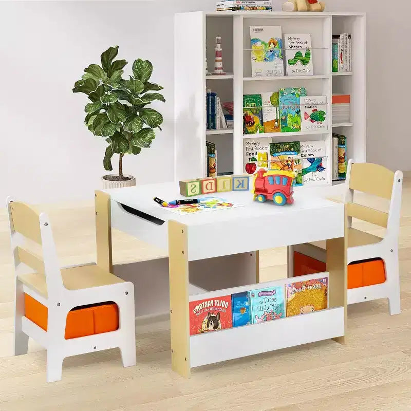 Tavolo e 2 Sedie per Bambini con Contenitore, Piano Rimovibile e Lavagna, per Arte, Lavoretti, Lettura