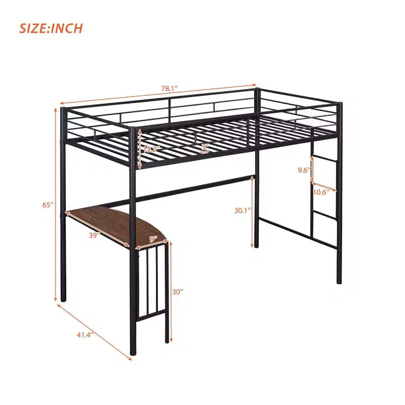 Lit mezzanine double en métal Whisen 78,1L x 41,4W avec bureau intégré, échelle et garde-corps, pour chambre à coucher