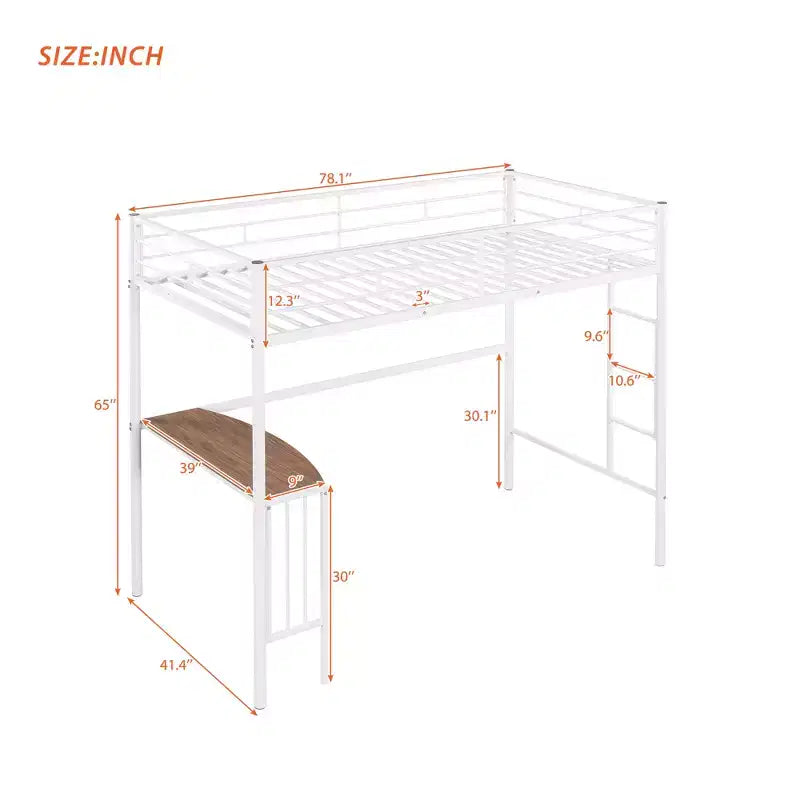 Lit mezzanine double en métal Whisen 78,1L x 41,4W avec bureau intégré, échelle et garde-corps, pour chambre à coucher