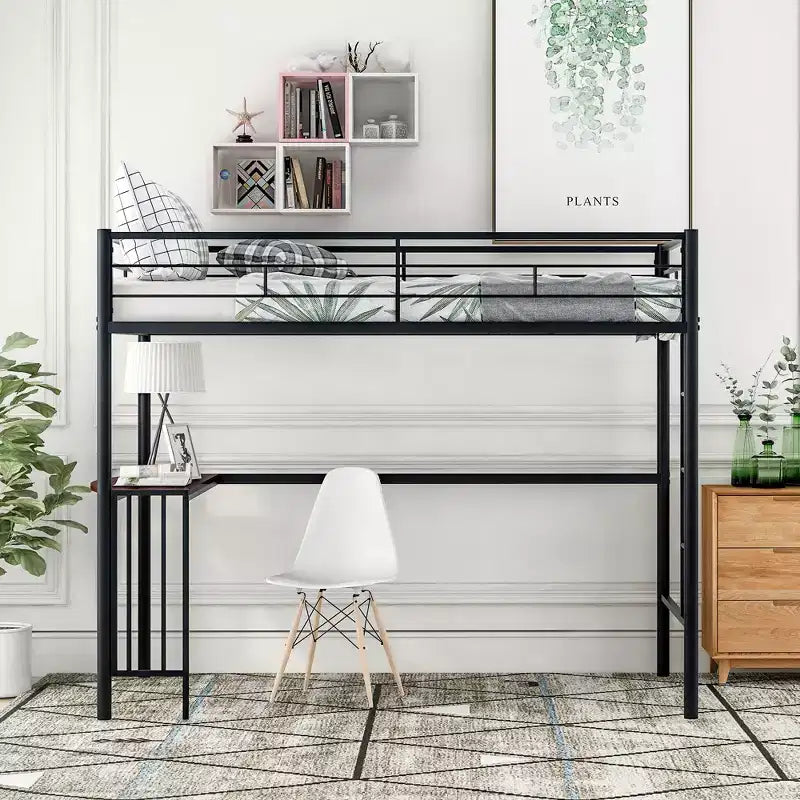 Lit mezzanine double en métal Whisen 78,1L x 41,4W avec bureau intégré, échelle et garde-corps, pour chambre à coucher