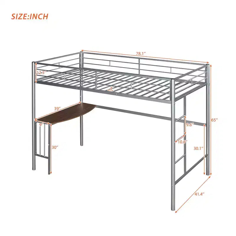 Lit mezzanine double en métal Whisen 78,1L x 41,4W avec bureau intégré, échelle et garde-corps, pour chambre à coucher