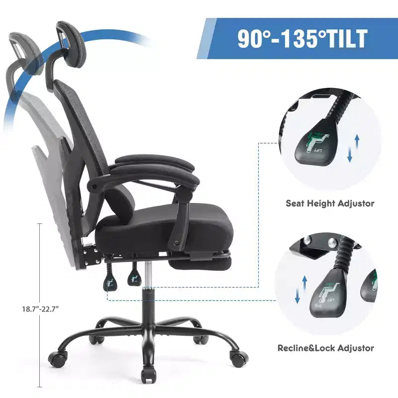 JIONJOY Ergonomic Mesh Gaming Chair with Footrest - 90-135 Recline, Adjustable Lumbar Support & Headrest