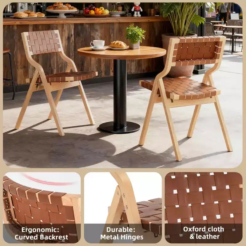 Sedie da pranzo pieghevoli e impilabili in legno per sala da pranzo, seduta e schienale intrecciati, beige - naturale