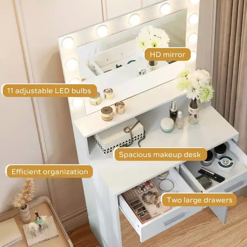 Toeletta a 2 livelli con luci a sfioramento, 3 livelli di luminosità, cassetto grande e tavolino compatto per il trucco per piccole camere da letto