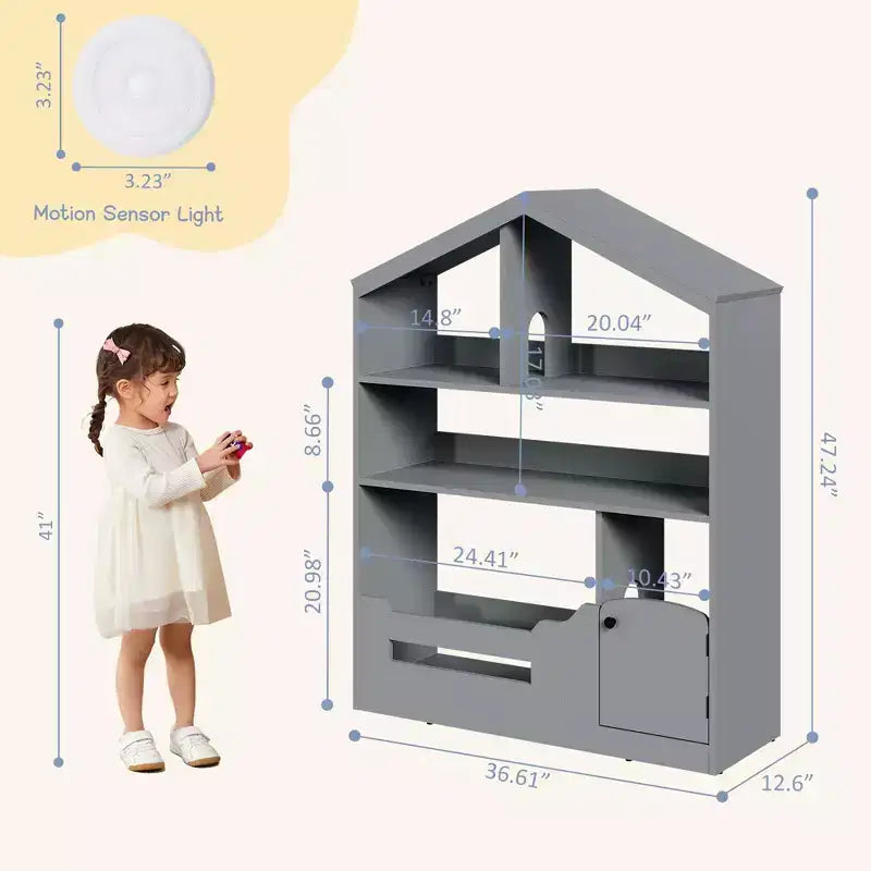 Libreria per bambini, Organizer per giocattoli, Libreria in legno per bambini con luce con sensore di movimento, Libreria a casetta per sala giochi, camera da letto, cameretta, aula