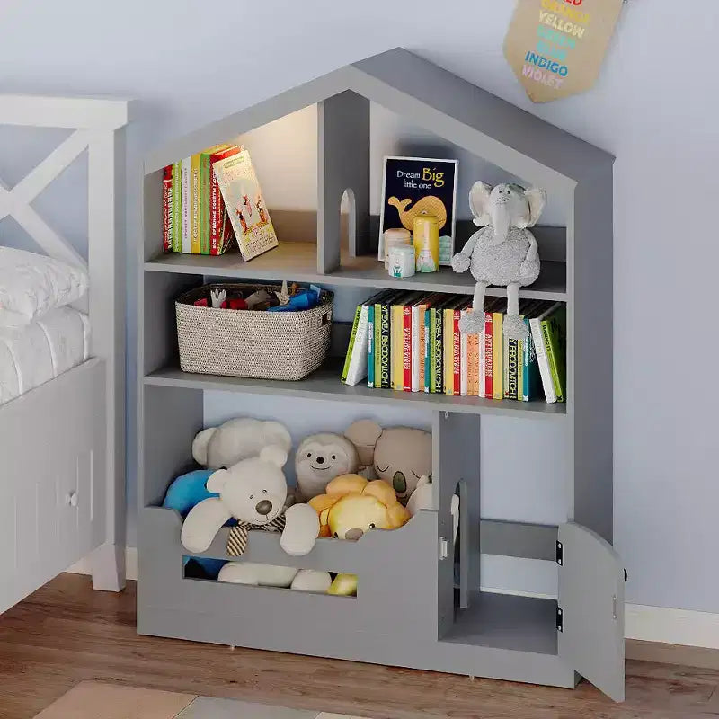 Libreria per bambini, Organizer per giocattoli, Libreria in legno per bambini con luce con sensore di movimento, Libreria a casetta per sala giochi, camera da letto, cameretta, aula