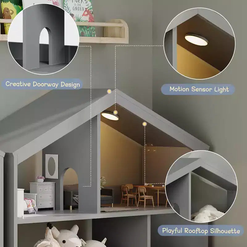 Libreria per bambini, Organizer per giocattoli, Libreria in legno per bambini con luce con sensore di movimento, Libreria a casetta per sala giochi, camera da letto, cameretta, aula
