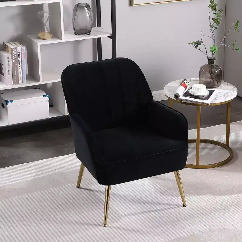 Poltrona moderna in velluto per soggiorno, poltroncina imbottita in stile Mid-Century con gambe in legno dorato per sala lettura o camera da letto