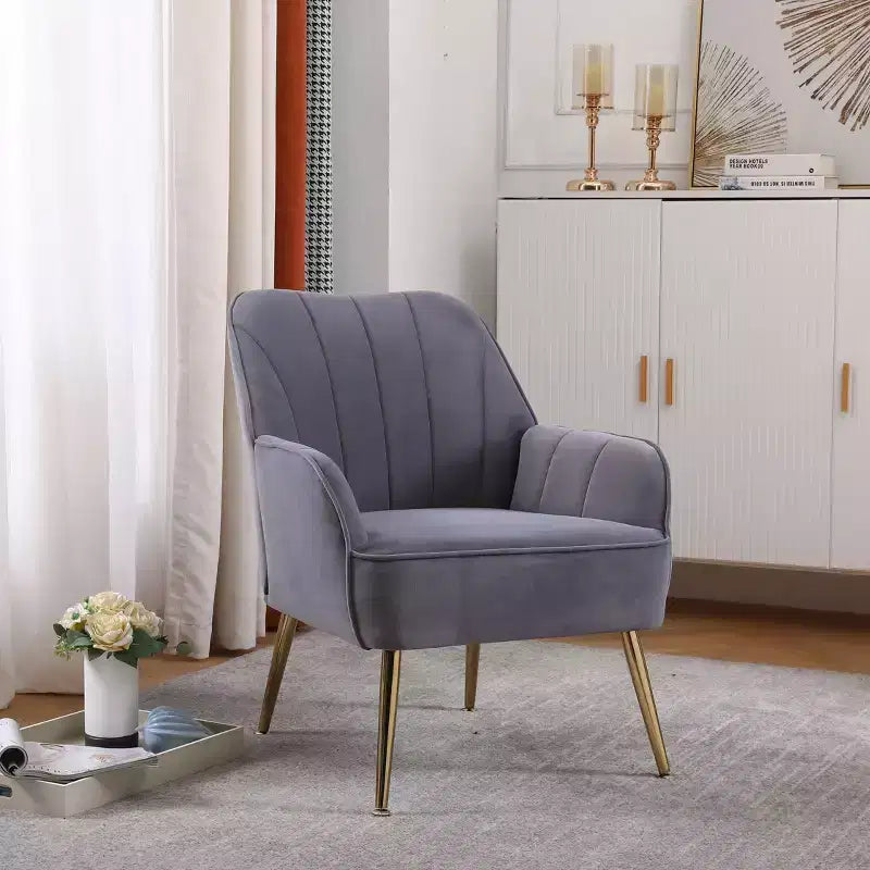Poltrona moderna in velluto per soggiorno, poltroncina imbottita in stile Mid-Century con gambe in legno dorato per sala lettura o camera da letto