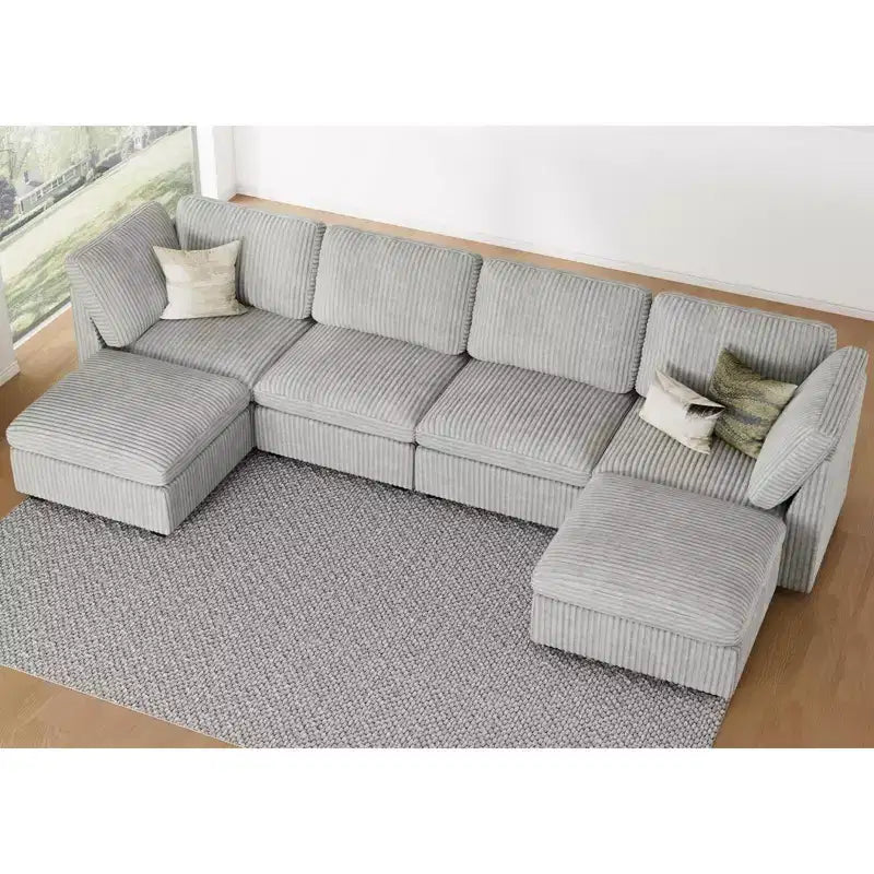 Divano Sezionale a U in Velluto a Coste da 6 Posti - Divano Modulare con Pouf Contenitore e Design Convertibile