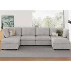 Divano componibile a 6 posti a forma di U in velluto a coste con pouf contenitore e design convertibile