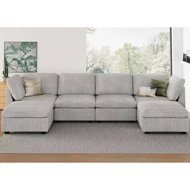 Divano Sezionale a U in Velluto a Coste da 6 Posti - Divano Modulare con Pouf Contenitore e Design Convertibile