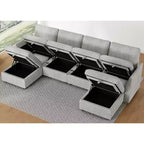 Divano componibile a 6 posti a forma di U in velluto a coste con pouf contenitore e design convertibile