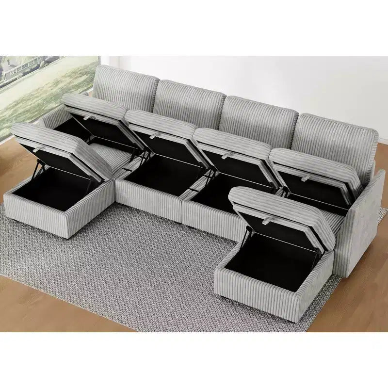 Divano Sezionale a U in Velluto a Coste da 6 Posti - Divano Modulare con Pouf Contenitore e Design Convertibile