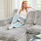 Divano componibile a 6 posti a forma di U in velluto a coste con pouf contenitore e design convertibile