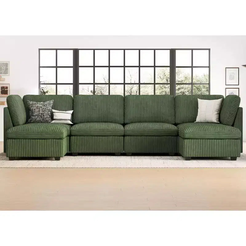 Divano Sezionale a U in Velluto a Coste da 6 Posti - Divano Modulare con Pouf Contenitore e Design Convertibile