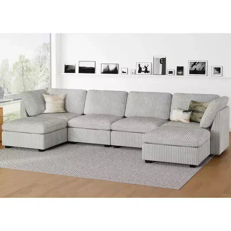 Divano Sezionale a U in Velluto a Coste da 6 Posti - Divano Modulare con Pouf Contenitore e Design Convertibile