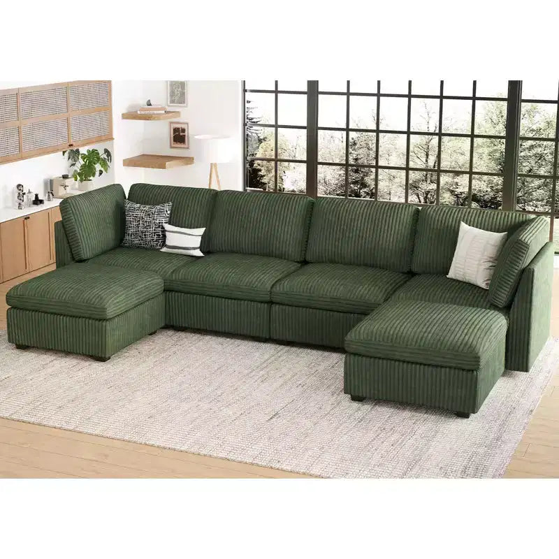 Divano Sezionale a U in Velluto a Coste da 6 Posti - Divano Modulare con Pouf Contenitore e Design Convertibile