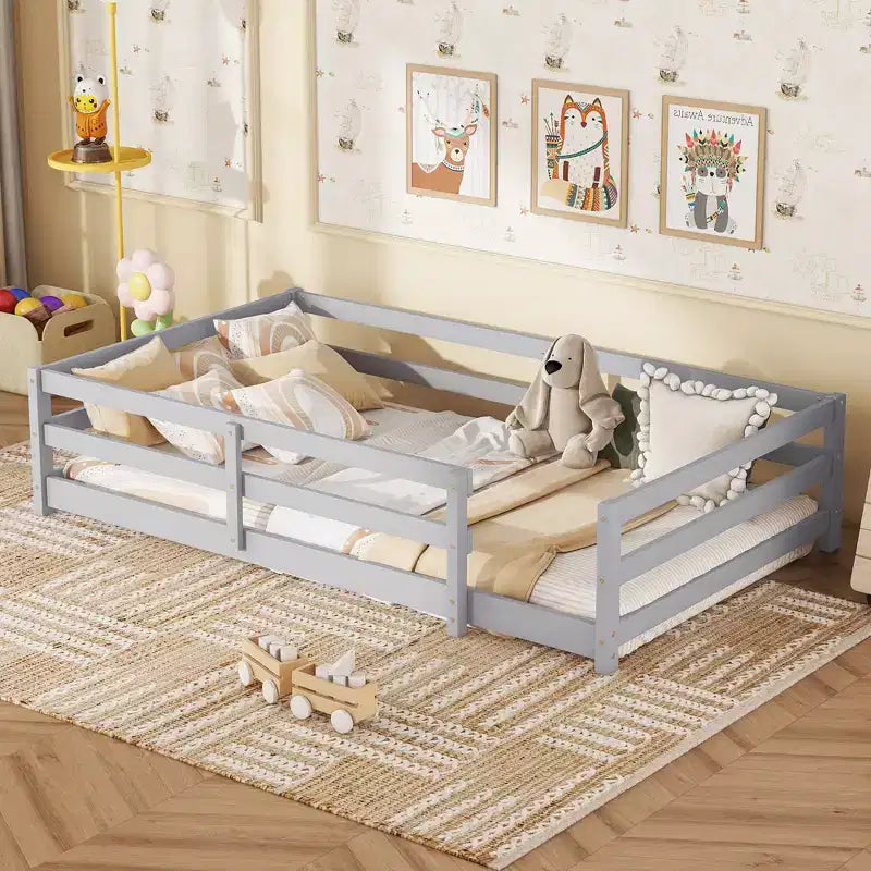 Struttura letto singola/matrimoniale alla francese, letto moderno a piattaforma bassa per bambini con sponde di sicurezza, struttura in legno massello per la cameretta dei bambini