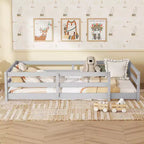 Struttura letto singola/matrimoniale alla francese, letto moderno a piattaforma bassa per bambini con sponde di sicurezza, struttura in legno massello per la cameretta dei bambini