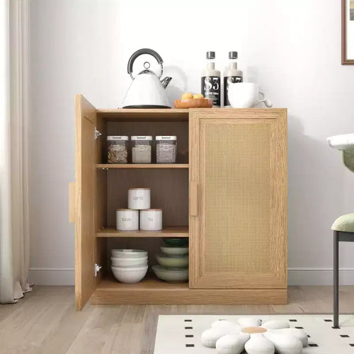 Mobile buffet 31x31x16 in legno, organizer contenitore con ripiani regolabili e ante in rattan per cucina, camera da letto, soggiorno/sala da pranzo