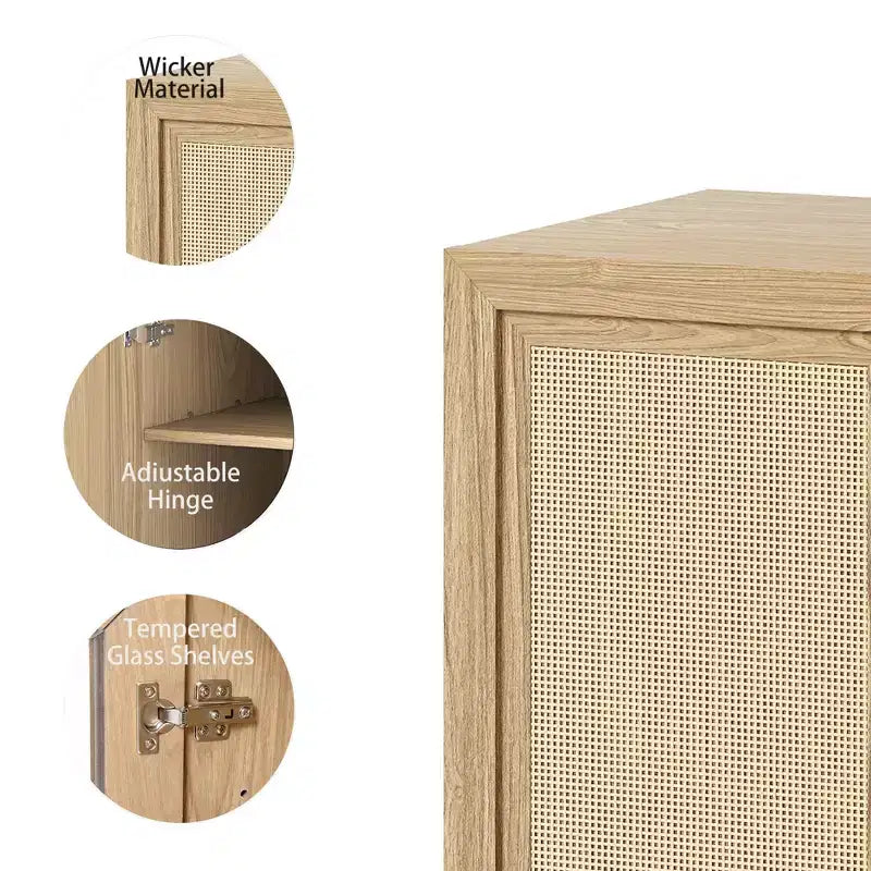 Mobile buffet 31x31x16 in legno, organizer contenitore con ripiani regolabili e ante in rattan per cucina, camera da letto, soggiorno/sala da pranzo