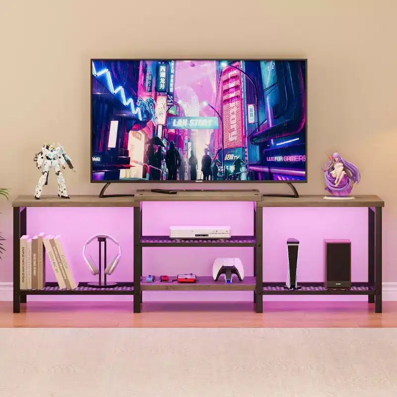 67 Inch Industrial TV Stand, Open Storage Shelves, Wooden Console Cabinet with Metal Frame, Modern Media Console Table, for Living Room