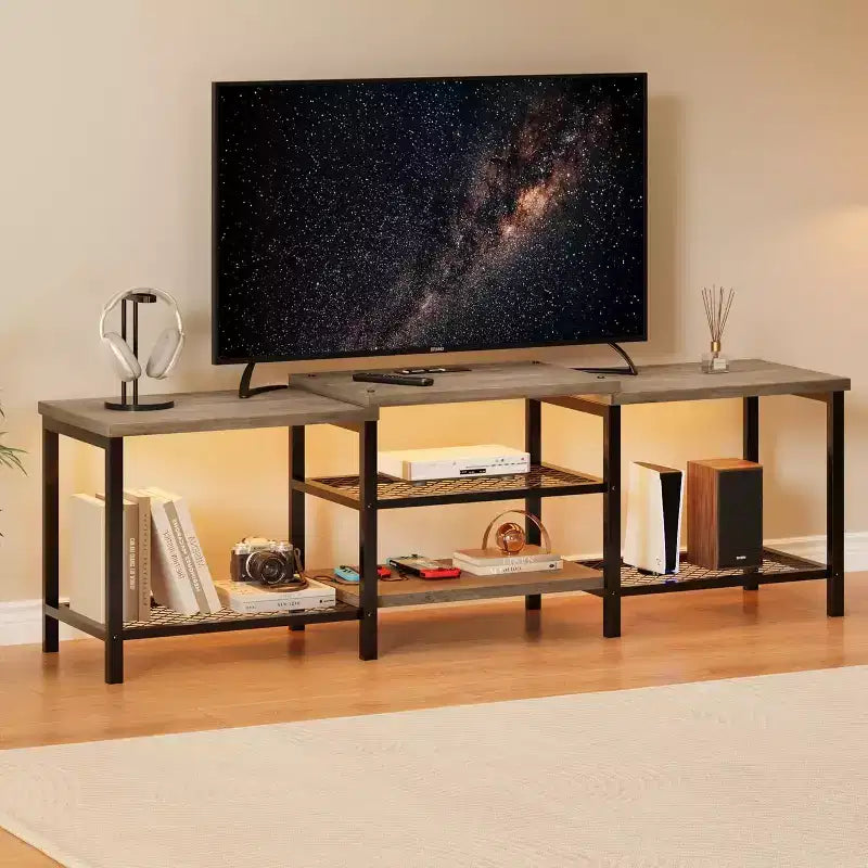 67 Inch Industrial TV Stand, Open Storage Shelves, Wooden Console Cabinet with Metal Frame, Modern Media Console Table, for Living Room