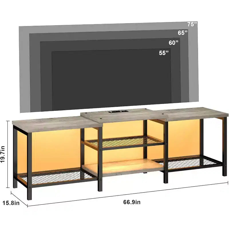 67 Inch Industrial TV Stand, Open Storage Shelves, Wooden Console Cabinet with Metal Frame, Modern Media Console Table, for Living Room
