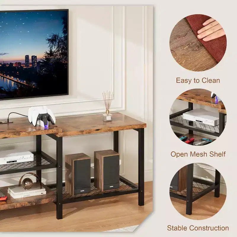 67 Inch Industrial TV Stand, Open Storage Shelves, Wooden Console Cabinet with Metal Frame, Modern Media Console Table, for Living Room