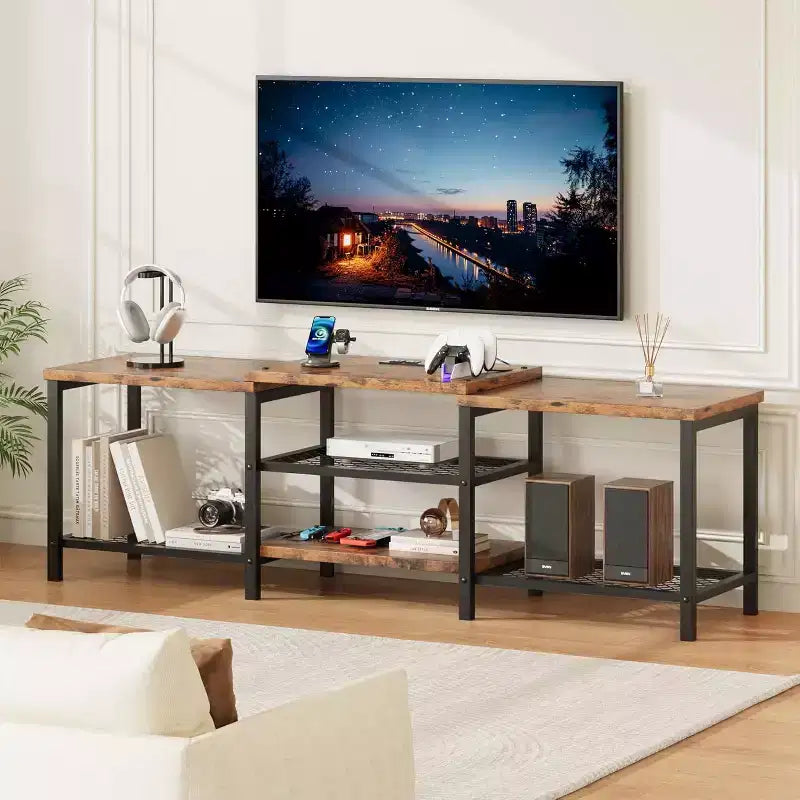67 Inch Industrial TV Stand, Open Storage Shelves, Wooden Console Cabinet with Metal Frame, Modern Media Console Table, for Living Room