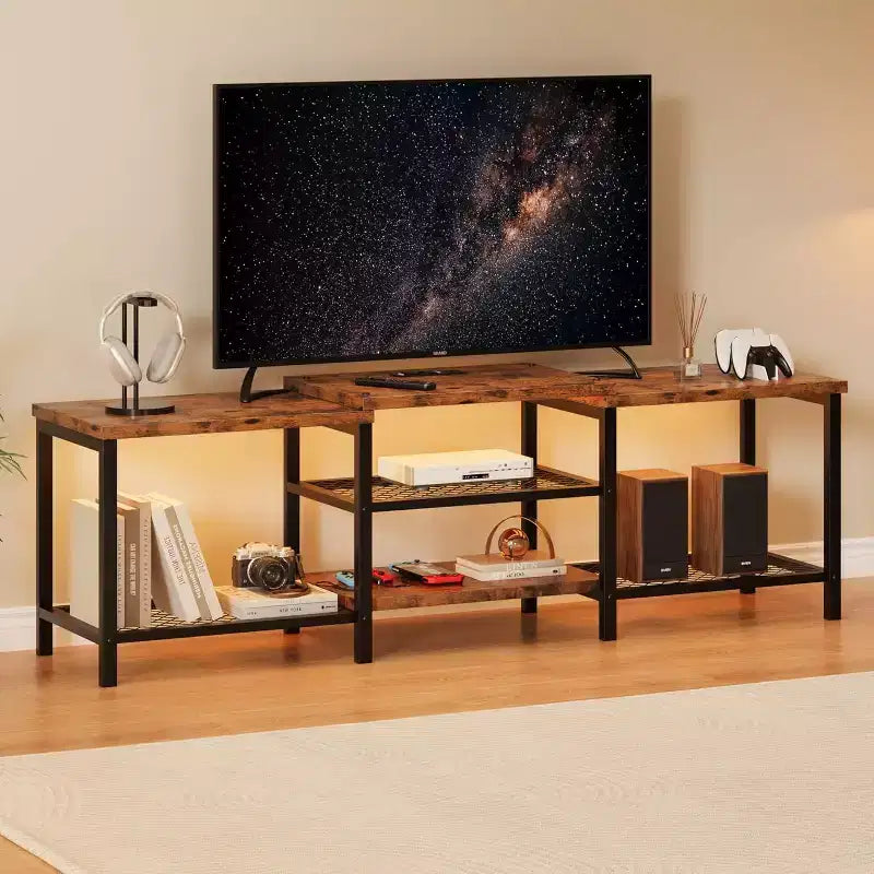 67 Inch Industrial TV Stand, Open Storage Shelves, Wooden Console Cabinet with Metal Frame, Modern Media Console Table, for Living Room