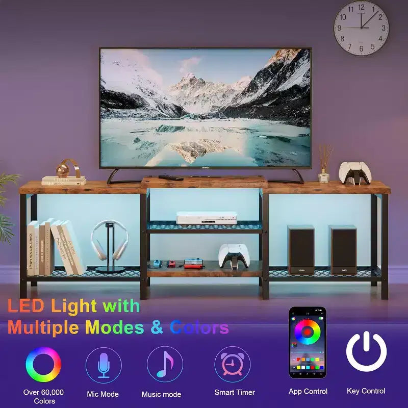 67 Inch Industrial TV Stand, Open Storage Shelves, Wooden Console Cabinet with Metal Frame, Modern Media Console Table, for Living Room