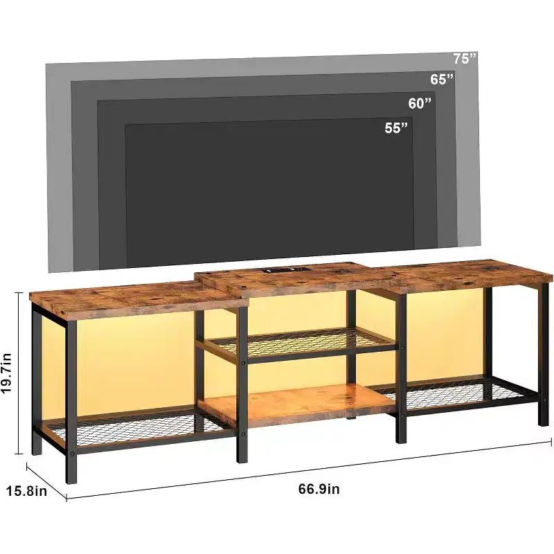 67 Inch Industrial TV Stand, Open Storage Shelves, Wooden Console Cabinet with Metal Frame, Modern Media Console Table, for Living Room