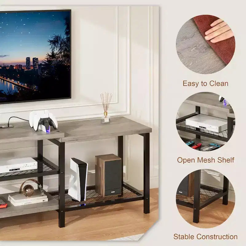 67 Inch Industrial TV Stand, Open Storage Shelves, Wooden Console Cabinet with Metal Frame, Modern Media Console Table, for Living Room