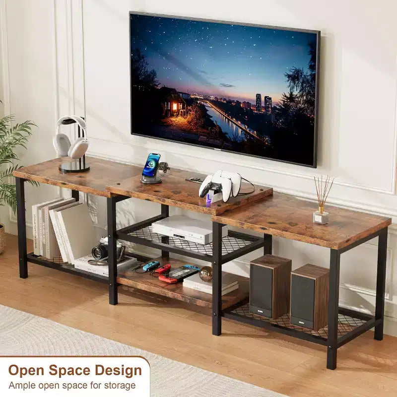 67 Inch Industrial TV Stand, Open Storage Shelves, Wooden Console Cabinet with Metal Frame, Modern Media Console Table, for Living Room