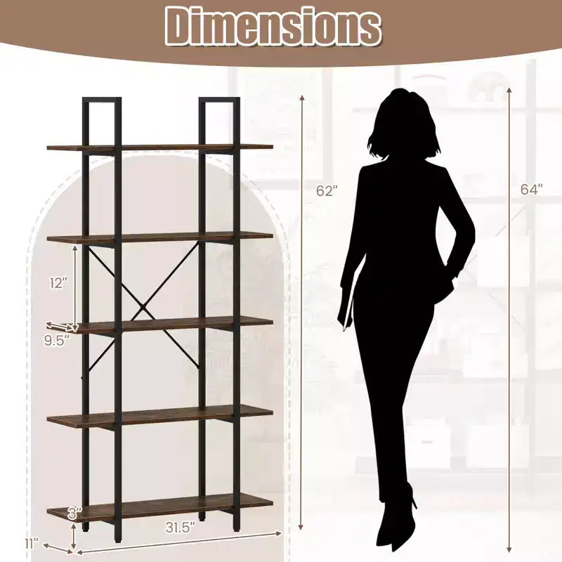 Costway Bibliothèque à 5 niveaux 1/2 PCS, 157 cm de haut, style industriel vintage, avec étagères de rangement ouvertes
