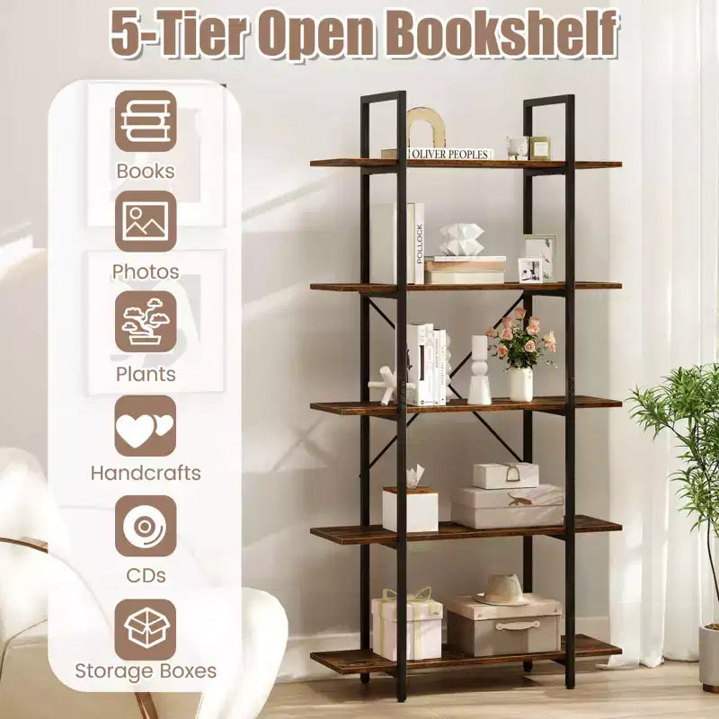 Costway Bibliothèque à 5 niveaux 1/2 PCS, 157 cm de haut, style industriel vintage, avec étagères de rangement ouvertes