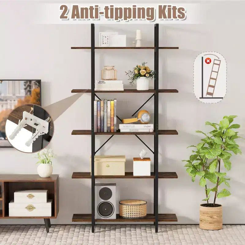 Costway Bibliothèque à 5 niveaux 1/2 PCS, 157 cm de haut, style industriel vintage, avec étagères de rangement ouvertes