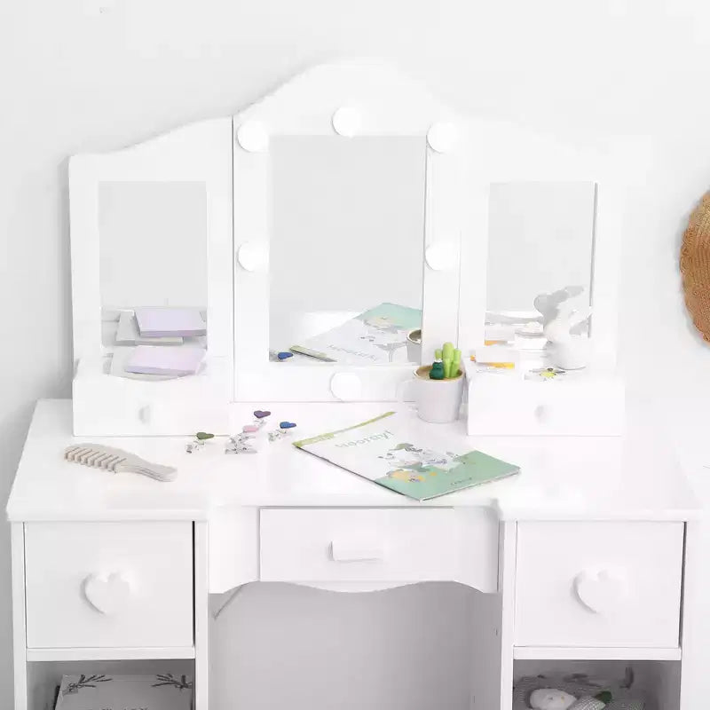 2-in-1 Girls Vanity Table with Tri-Fold Mirror & Light - Wooden Princess Makeup Desk with Stool & Drawer for Pretend Play