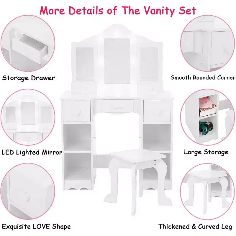 2-in-1 Girls Vanity Table with Tri-Fold Mirror & Light - Wooden Princess Makeup Desk with Stool & Drawer for Pretend Play