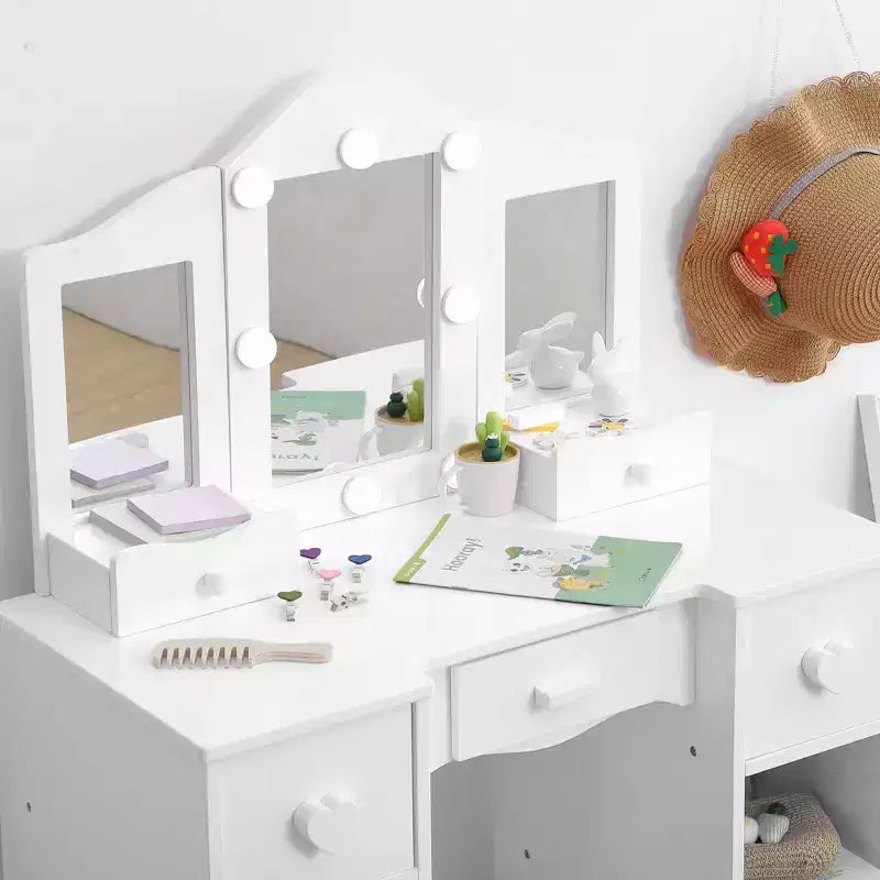 2-in-1 Girls Vanity Table with Tri-Fold Mirror & Light - Wooden Princess Makeup Desk with Stool & Drawer for Pretend Play