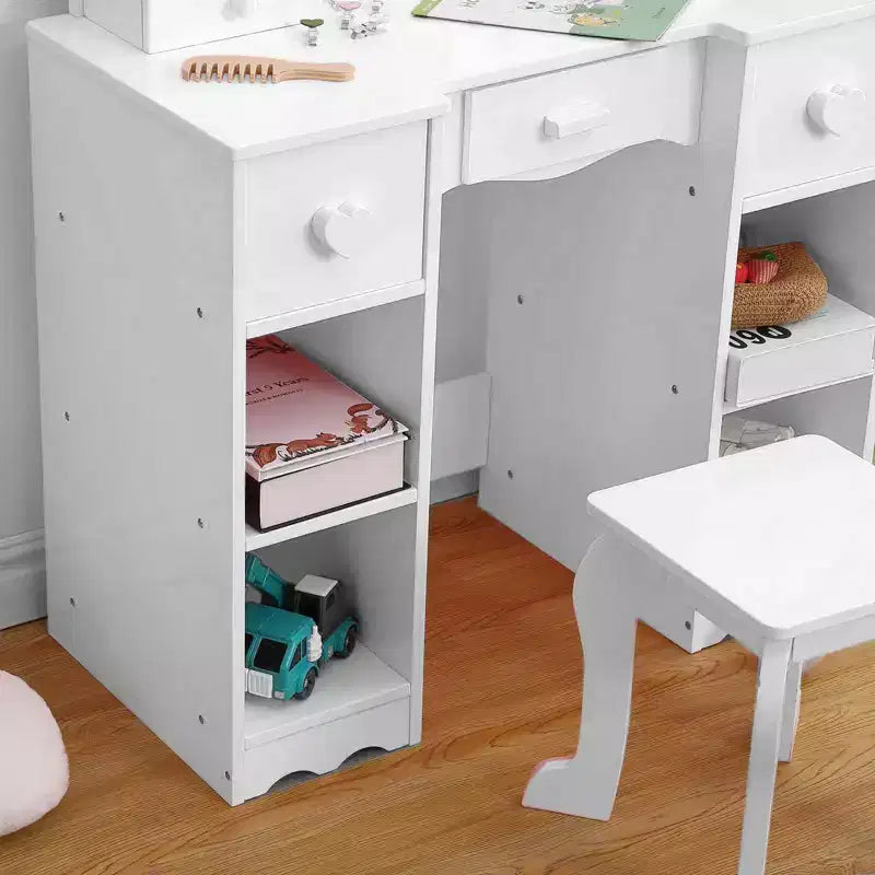 2-in-1 Girls Vanity Table with Tri-Fold Mirror & Light - Wooden Princess Makeup Desk with Stool & Drawer for Pretend Play
