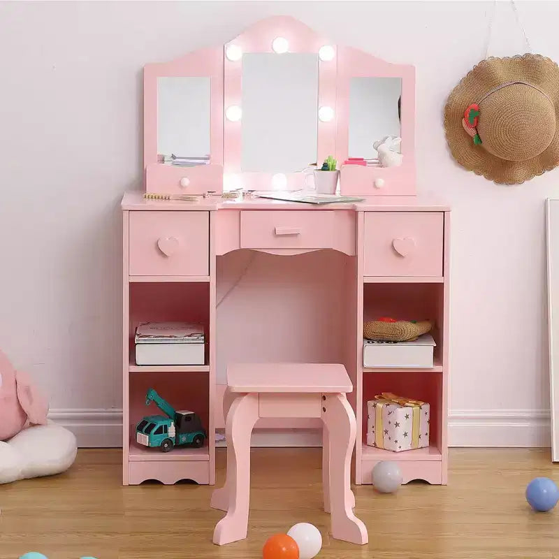 2-in-1 Girls Vanity Table with Tri-Fold Mirror & Light - Wooden Princess Makeup Desk with Stool & Drawer for Pretend Play