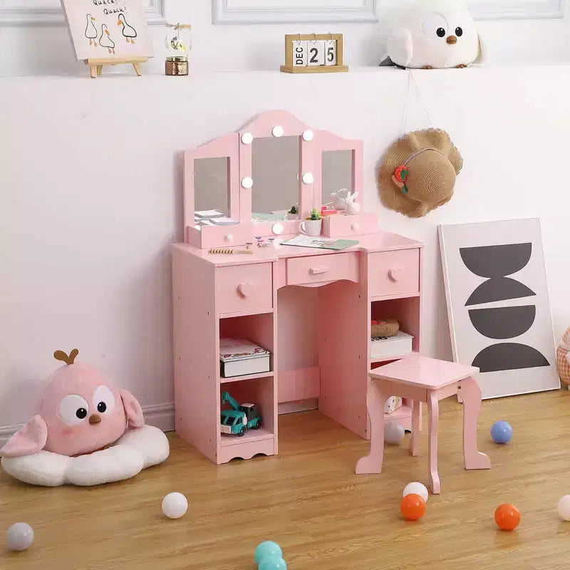 2-in-1 Girls Vanity Table with Tri-Fold Mirror & Light - Wooden Princess Makeup Desk with Stool & Drawer for Pretend Play